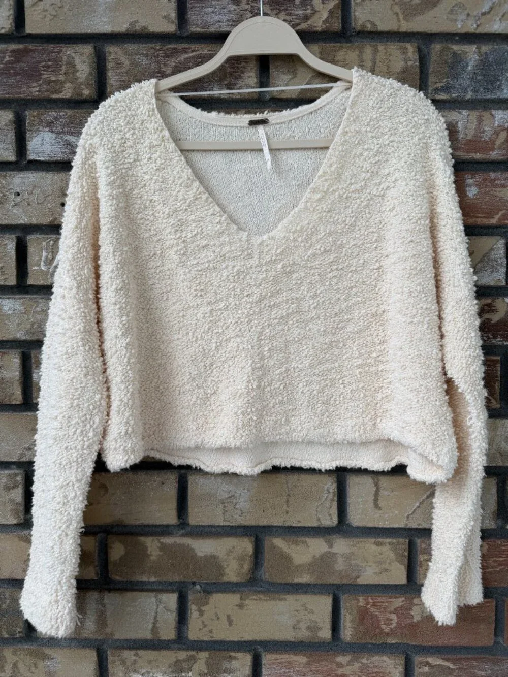 Free People Popcorn Pullover Cropped Ivory Cream Sweater Oversized XS